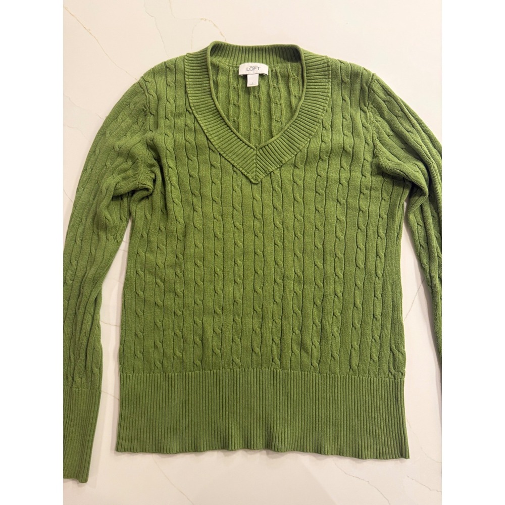 Loft‎ Ann Taylor Green Cable Knit V Neck Sweater Long Sleeve Size L